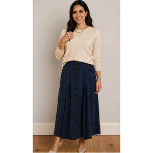 Sunny Leigh Navy 100% Silk Button-Front Maxi Skirt small